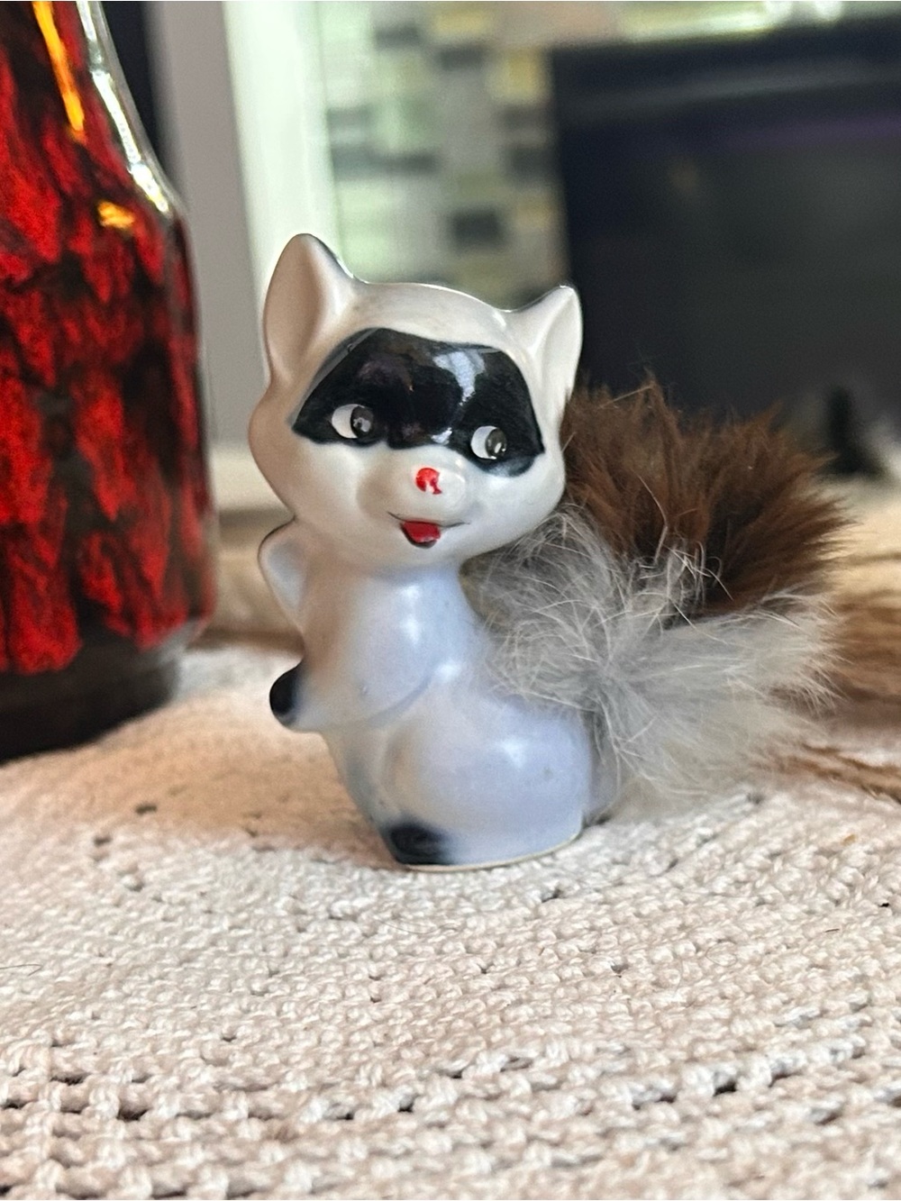 Vintage Enesco Raccoon Figurine with Real Fur Tail | Japan Ceramic Animal | Kits
